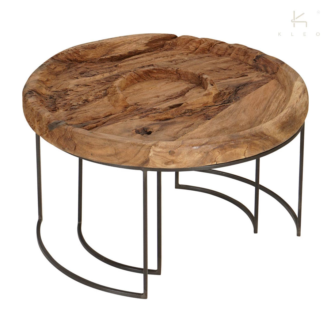 Kleo INDOOR Suar Wood & Powdercoated Iron Round Coffee Table Set Of 2 3 Kleo INDOOR Suar Wood & Powdercoated Iron Round Coffee Table Set Of 2