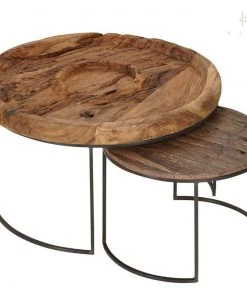 Kleo INDOOR Suar Wood & Powdercoated Iron Round Coffee Table Set Of 2