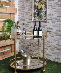 SLH Luxe Brass And Mirror Oval Bar Cart INDOOR